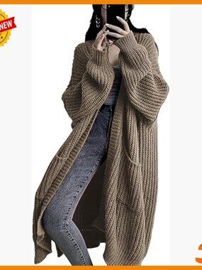 Plus Size Chunky Knit Cardigan Sweater Oversized Long Duster with Pockets